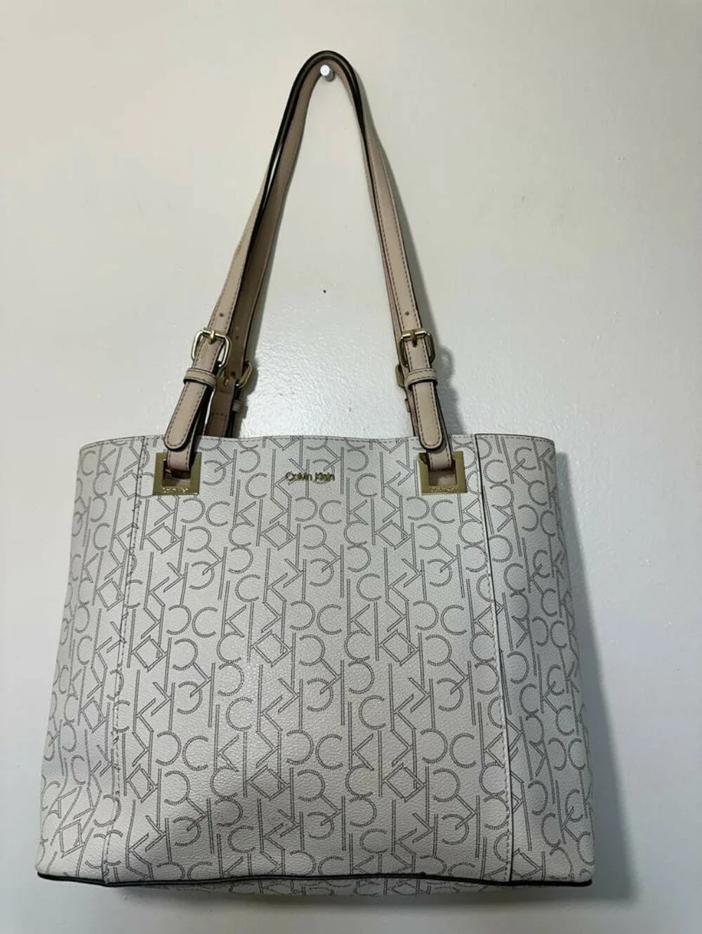 CALVIN KLEIN Handbag Purse Serafina Logo Monogram Tote Bag Cream White Pink